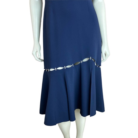NEW Jonathan Simkhai Stapled Crepe Dress Slashed Blue Flounce Hem Cutout Slit 6 - Picture 6 of 12